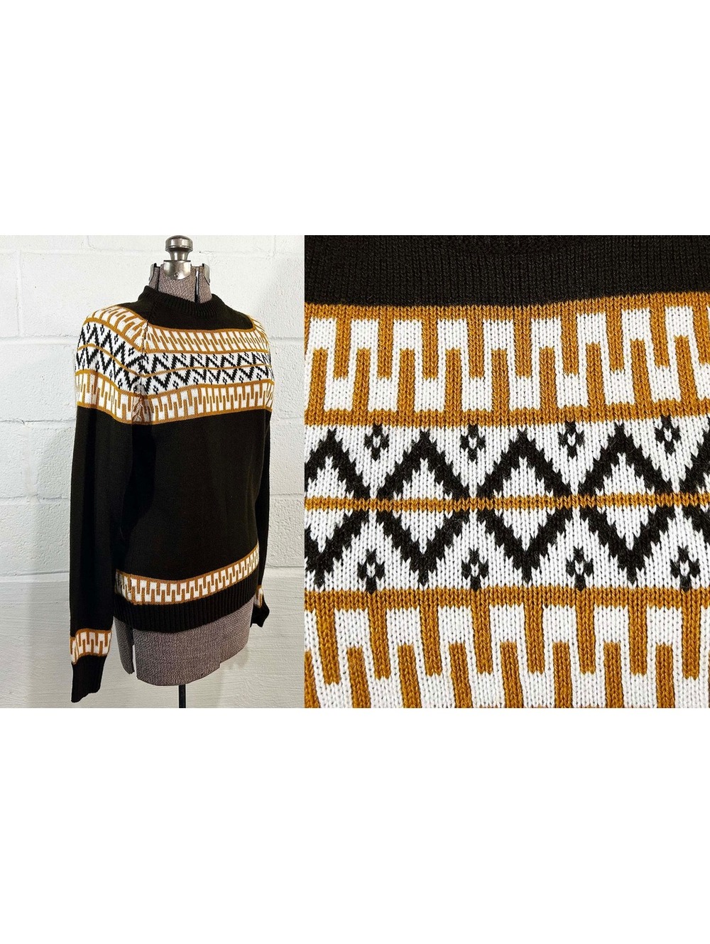 Vintage 70s Sigallo Fair Isle Sweater Brown Knit Pullover 1970s Medium Large